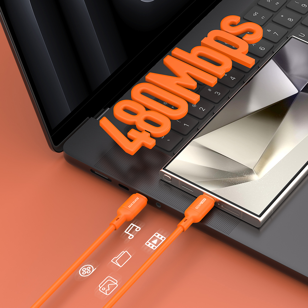 Оранжевый силиконовый кабель 60W разъем с USB-C на USB-C, длина 100см (1м), серия SILI Series от Dux Ducis
