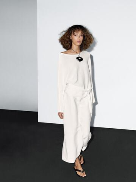 Massimo Dutti Юбка миди прямого кроя из смесовой конопли, белый