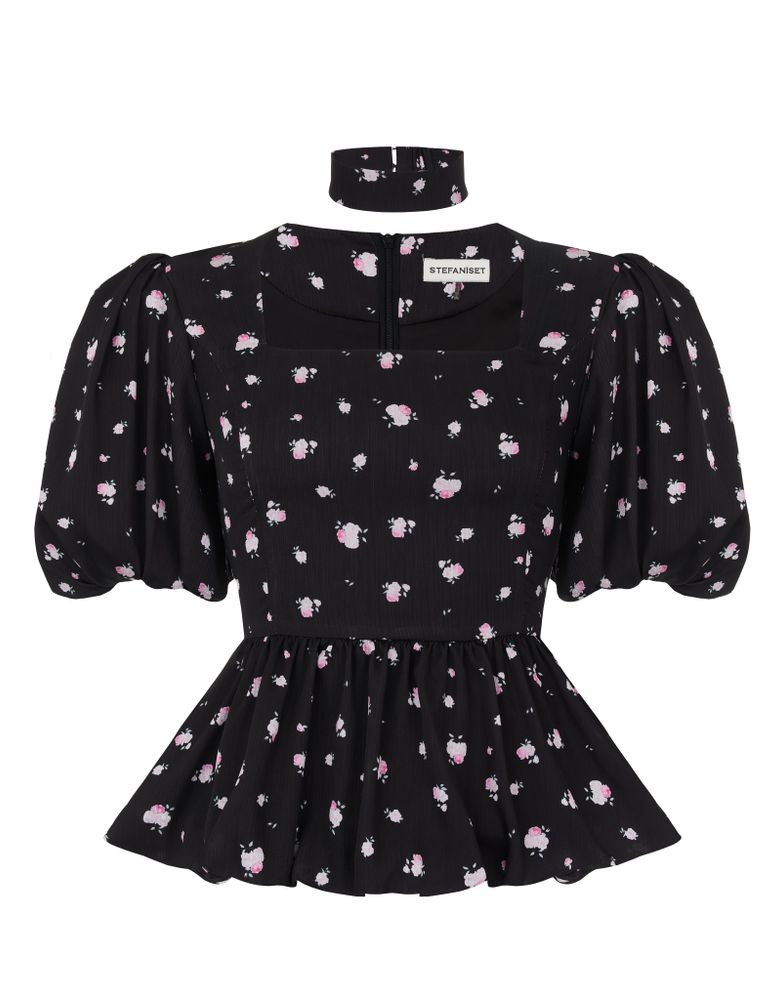 Топ из шёлка рукав фонарик Rose, черный