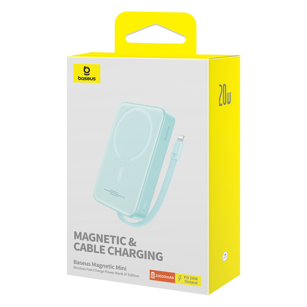 Внешний аккумулятор + Беспроводная зарядка Baseus Magnetic Mini iP Edition C+L+Qi 10000mAh 20W (MagSafe) - Peppermint Blue