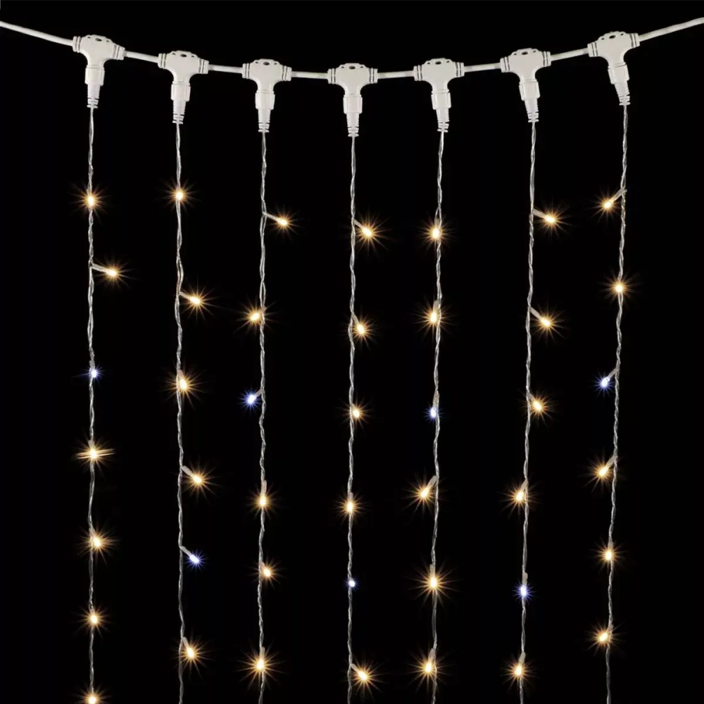 Гирлянда Занавес с Колпачком 2*2 м., Тепло-Белый с мерцанием белого диода 220В., 400 LED, Провод Прозрачный ПВХ, IP65, Laitcom (PCL402BLWCAP-10-2WW)