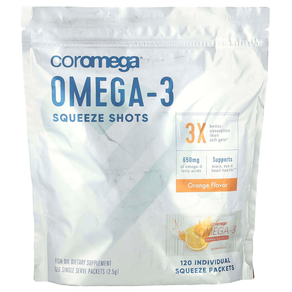 Coromega, Омега-3, Squeeze Shots, апельсин, 650 мг, 120 порционных пакетиков (2,5 г) каждый