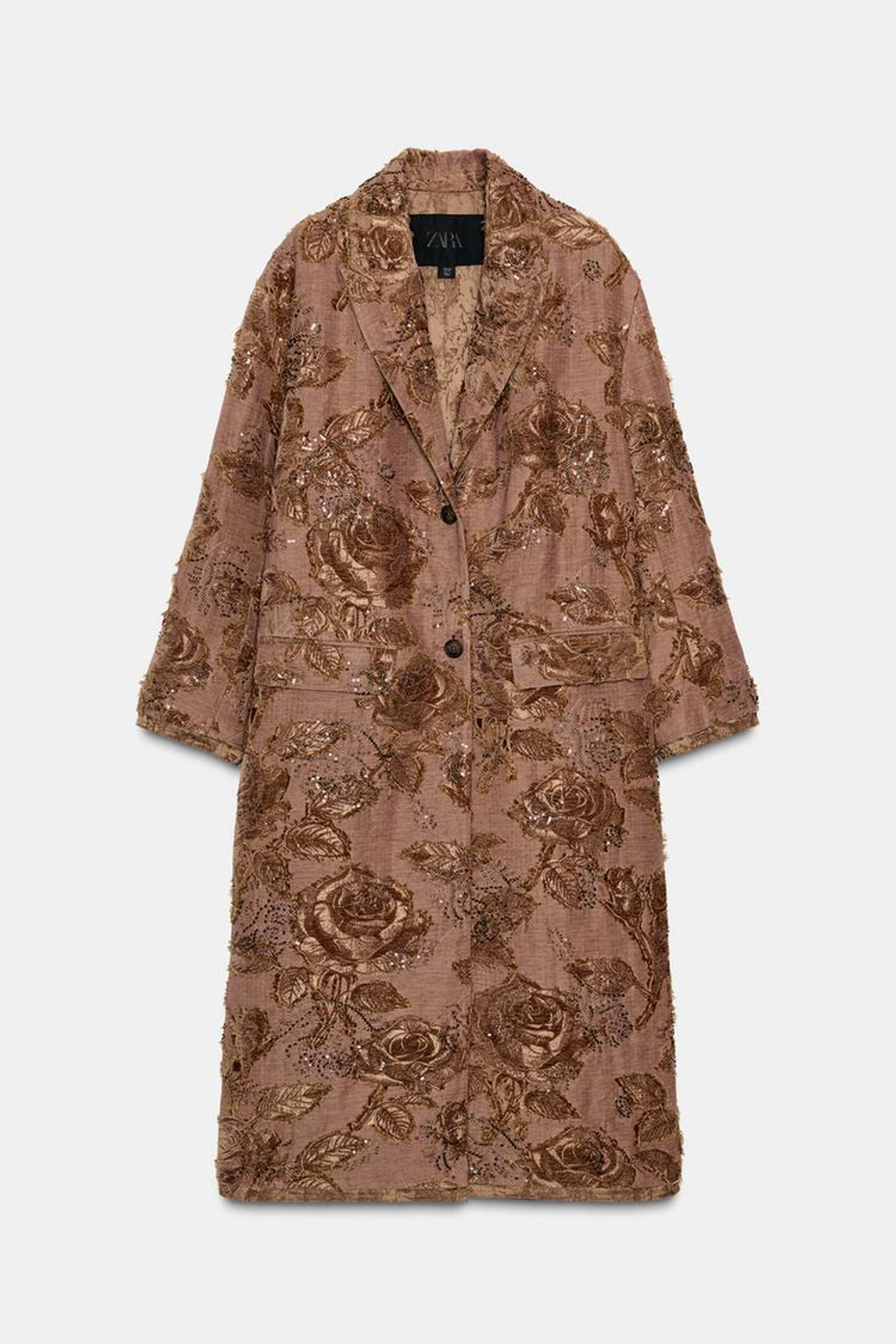 ZARA ДЛИННОЕ ПАЛЬТО С ВЫШИВКОЙ — ZW COLLECTION LIMITED EDITION, БЛЕДНО-РОЗОВЫЙ