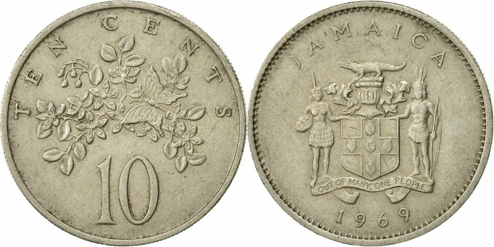 Ямайка 10 центов, 1969-1989 Герб VF