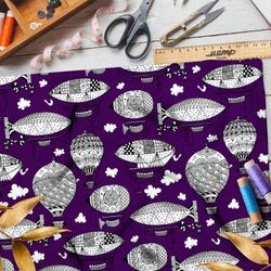 Ткань дюспо эскизы дирижаблей и воздушных шаров на сиреневом фоне