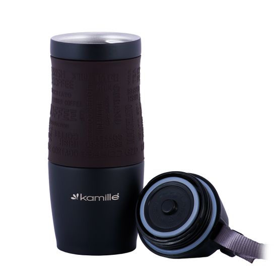 Термокружка 380 мл. из нержавеющей стали Kamille KM 2052A с TPR-вставкой и ремешком
