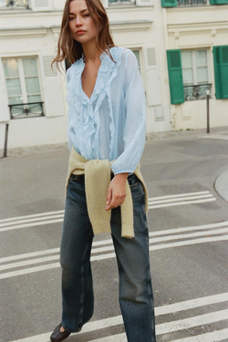 ZARA БЛУЗА С ВОЛАНАМИ, НЕБЕСНО-ГОЛУБОЙ