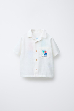 ZARA РУБАШКА ИЗ СМЕСОВОГО ЛЬНА С ПРИНТОМ, ЭКРЮ