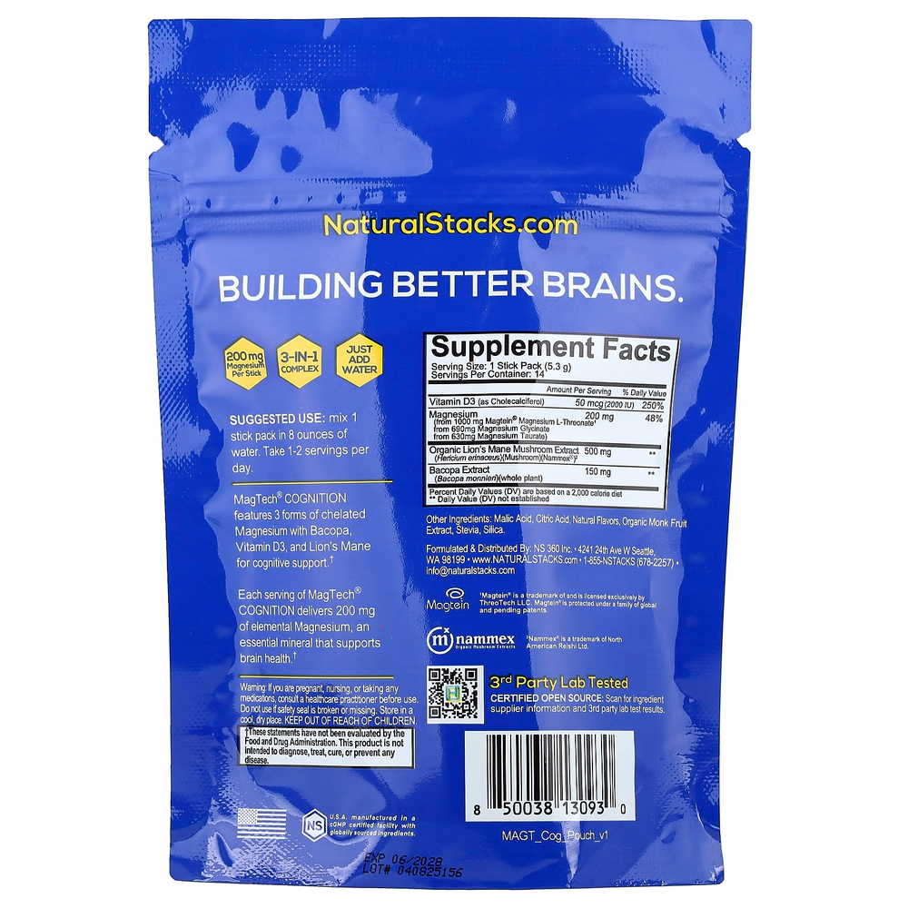 Natural Stacks, MagTech® Cognition, малиновый лимонад, 14 стик-пакетов по 5,3 г (0,18 унции)