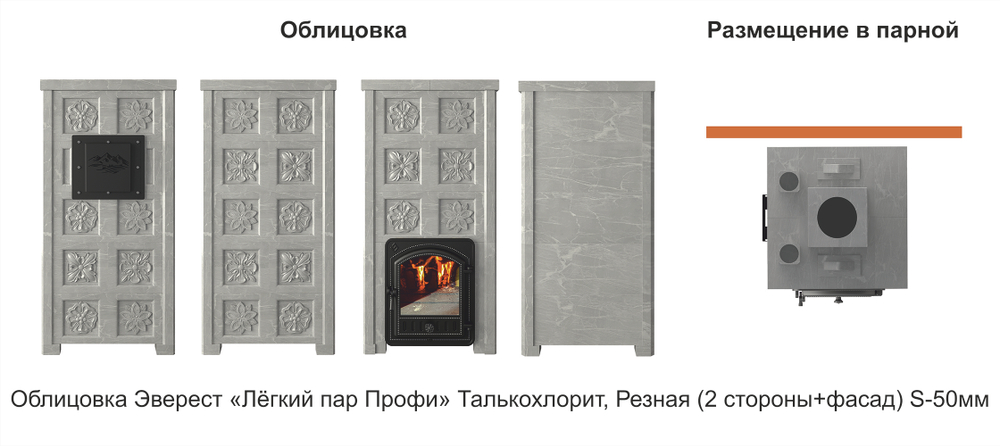 Печь Эверест "Легкий пар Профи" каменка из нерж. стали, Талькохлорит, Б/В, Резная (2 стор+фасад)