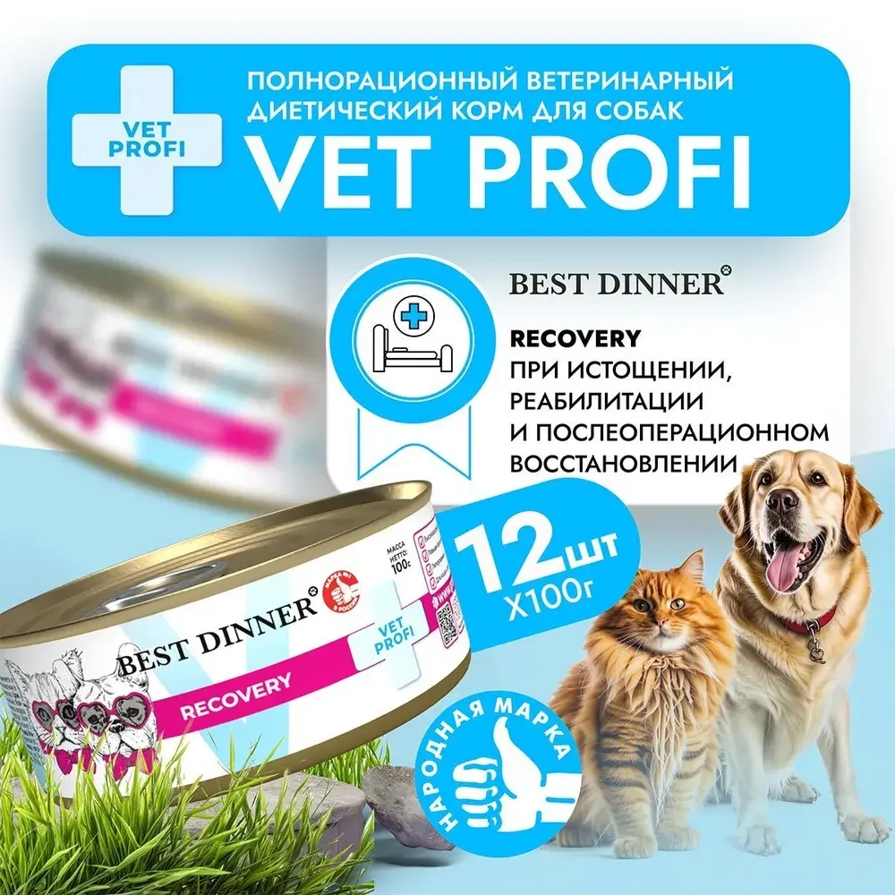 Влажный корм консервы для собак и кошек Best Dinner Vet Profi Recovery 0,1кг (диета восстановления в послеоперационный период). 12 упаковок