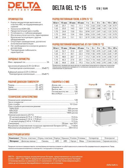 Аккумулятор Delta GEL 12-15, YASHEL Technologies Аккумулятор Delta GEL 12-15, фото №835778803