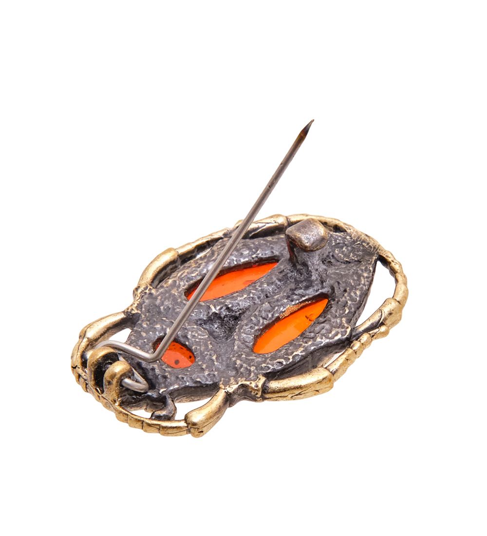AM-3442 Брошь «Жук Скарабей Солнце» (латунь, янтарь)