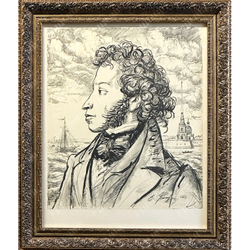 Устинов Е. А. Портрет А. С. Пушкина на фоне Петербурга. Автолитография. 1982 г.