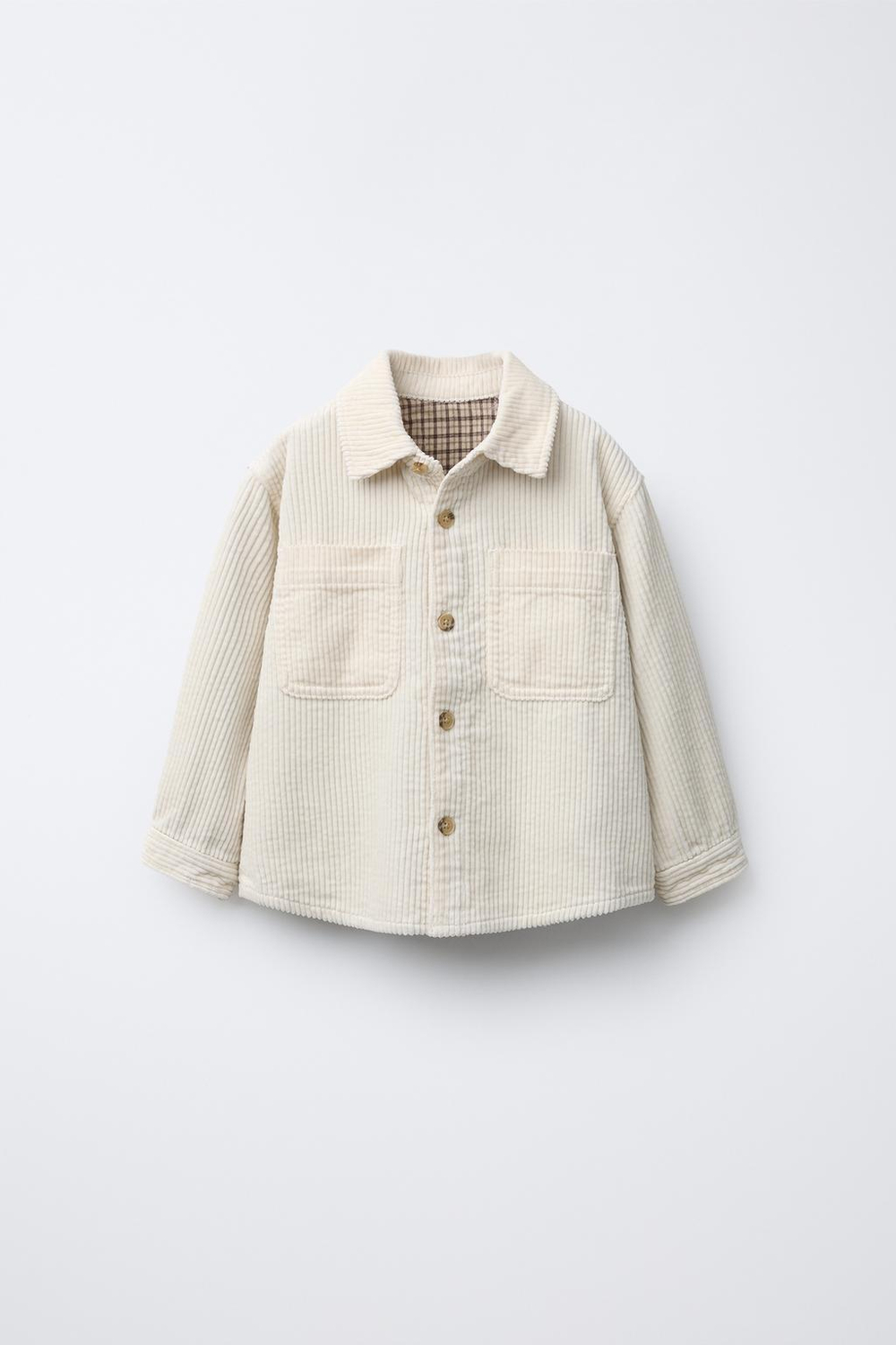 ZARA ВЕЛЬВЕТОВАЯ КУРТКА-РУБАШКА С КЛЕТЧАТОЙ ПОДКЛАДКОЙ, ЭКРЮ