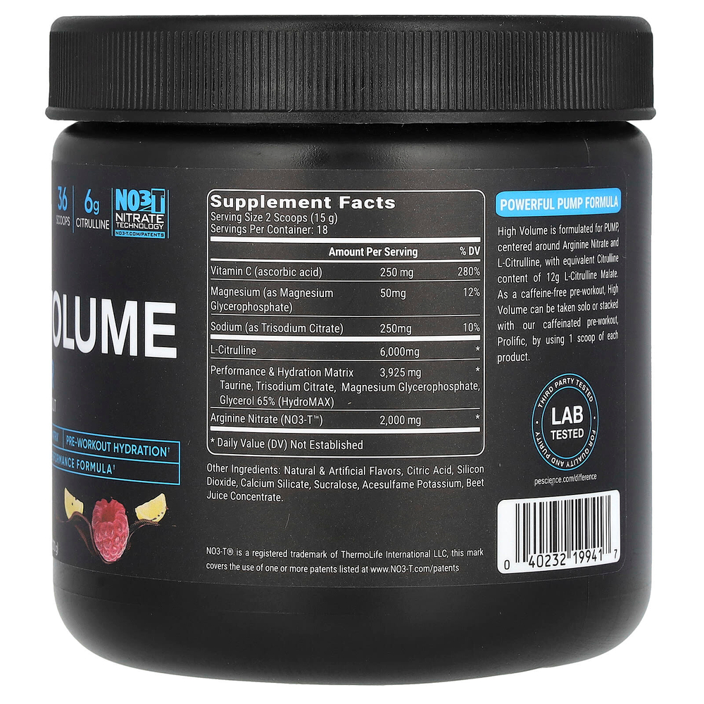 PEScience, High Volume, Pump Powder, High Volume, Pump Powder, без кофеина, малиновый лимонад, 270 г (9,5 унции)