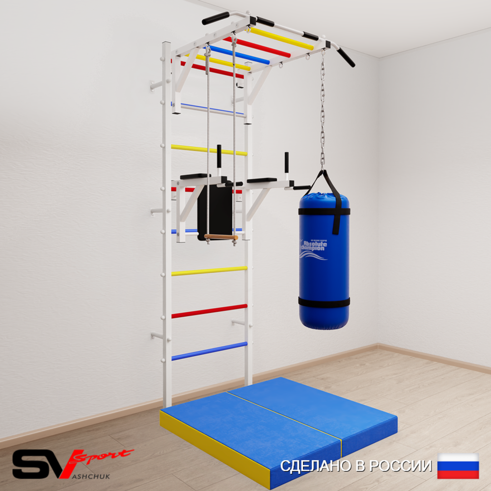 Шведская стенка Sv Sport усиленная 6437 (Турник рукоход/Брусья/Трапеция/Цепь/Мешок 30кг/Мат 1м)