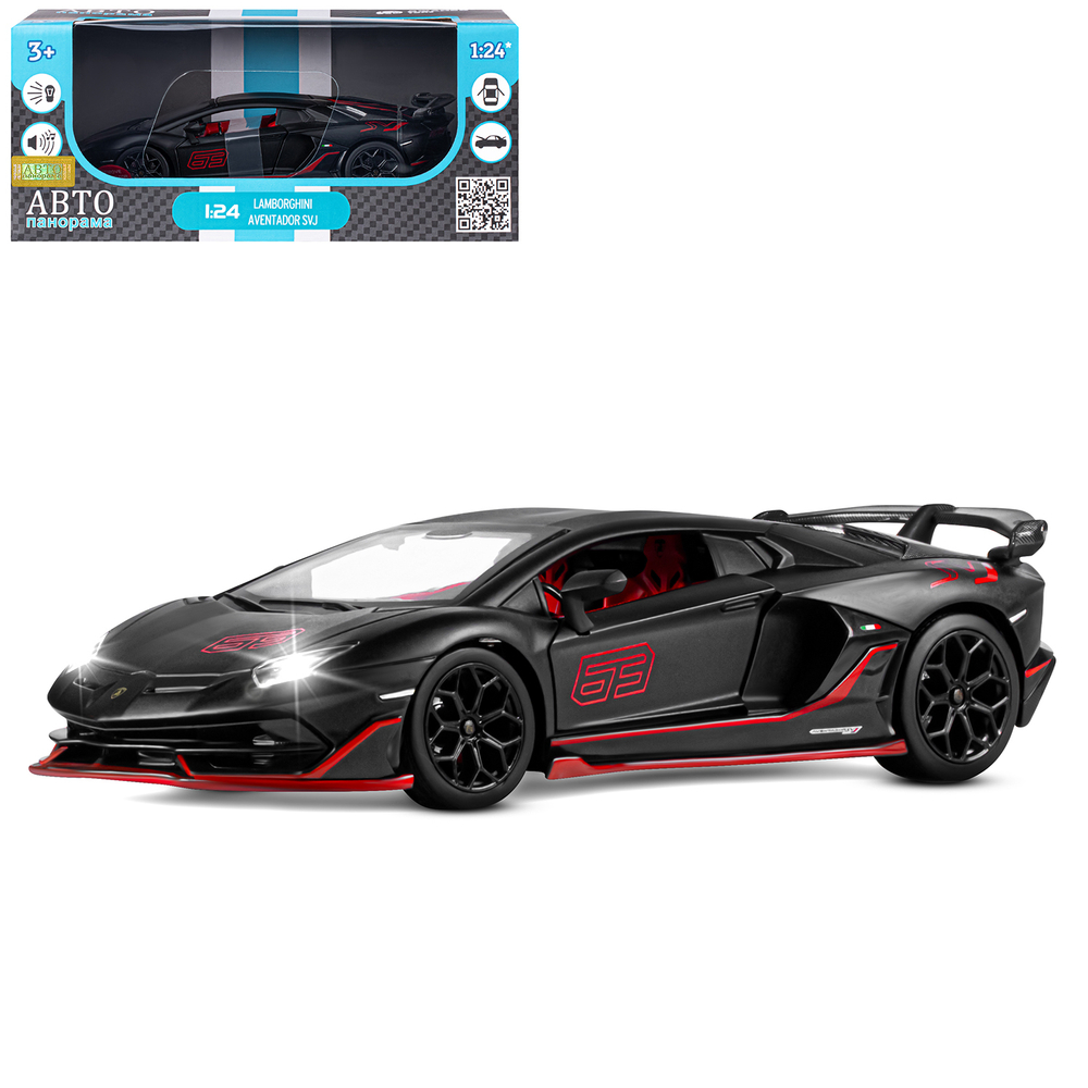 Модель 1:24,  Lamborghini SVJ, черный, открываются двери и багажник, свет, звук