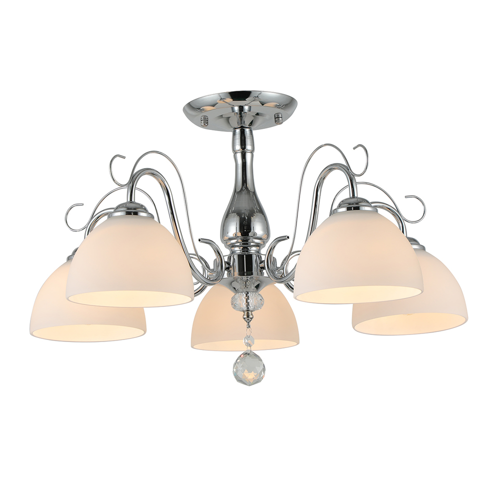 Люстра на штанге 5x40Вт E27, металл/стекло/хрусталь, хром, белый матовый плафон