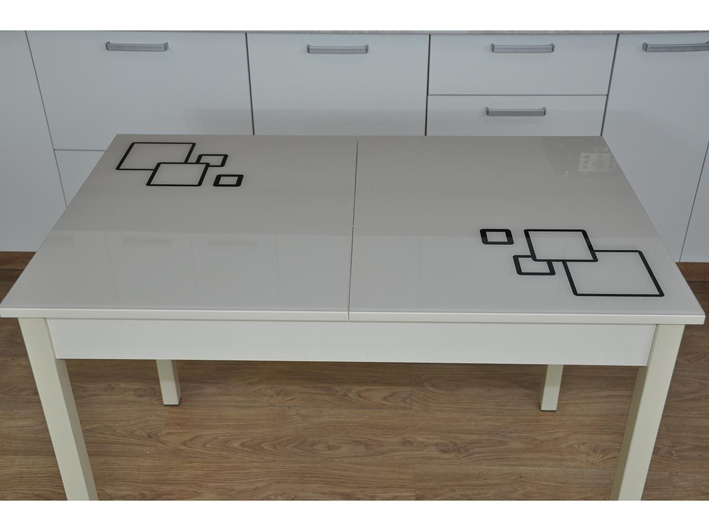 Альфа фотопечать стол обеденный раздвижной / квадраты на бежевом/дуб молочный/бежевый