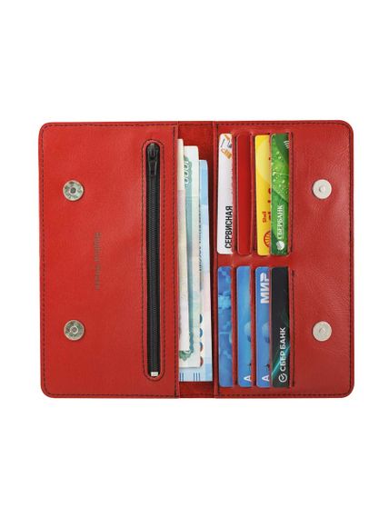 Фото высокого кошелька Лиса из красной кожи, развернутый вид с наполнением.