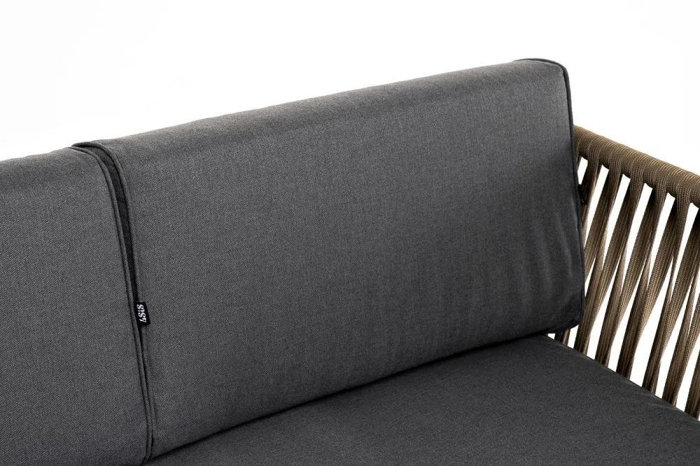 "Касабланка" диван 3-местный плетеный из роупа, каркас алюминий светло-серый (RAL7035) муар, роуп серо-коричневый 23мм, ткань серая 017