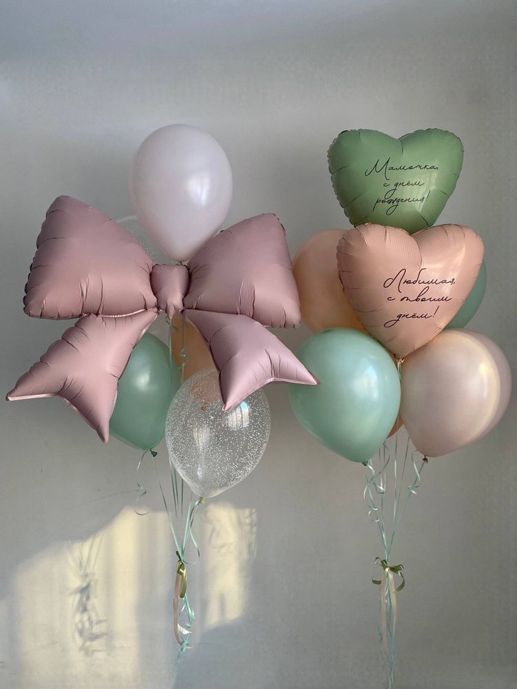 Воздушные гелиевые шарики нежные цвета бант эвкалипт/киви№4767
