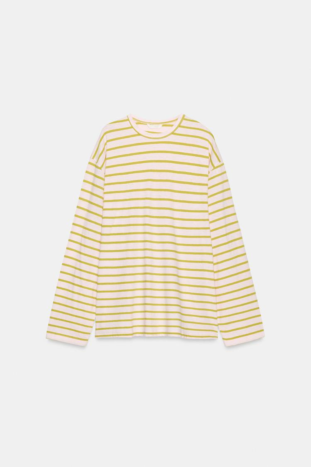 ZARA ФУТБОЛКА ИЗ ХЛОПКА И ЛЬНА В ПОЛОСКУ, ПАСТЕЛЬНО-РОЗОВЫЙ