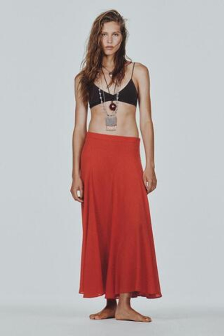 ZARA ДЛИННАЯ ЮБКА КЛЕШ, КОРАЛЛОВО-КРАСНЫЙ