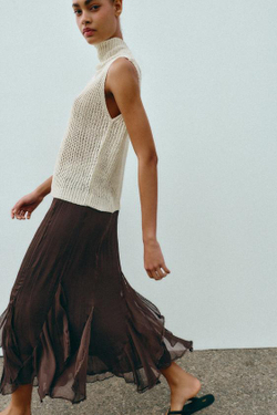 ZARA ЮБКА МИДИ С ВОЛАНАМИ И КРУЖЕВОМ, КОРИЧНЕВЫЙ