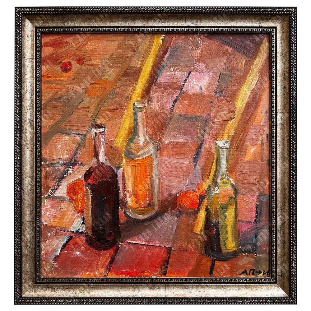 Н/х. Натюрморт с тремя бутылками и мандаринами / Осенний пейзаж. Картон, масло. 1980-е