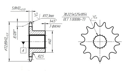 Звездочка z=13 шаг 15,875 (посадка на вал шлицы z18)