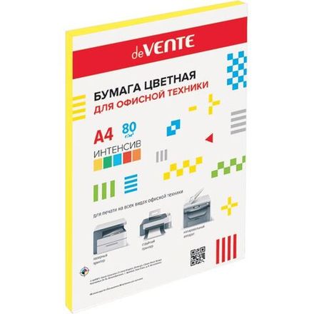 Бумага цветная А4, 80г/м2, deVente Intensive, 50л, желтая