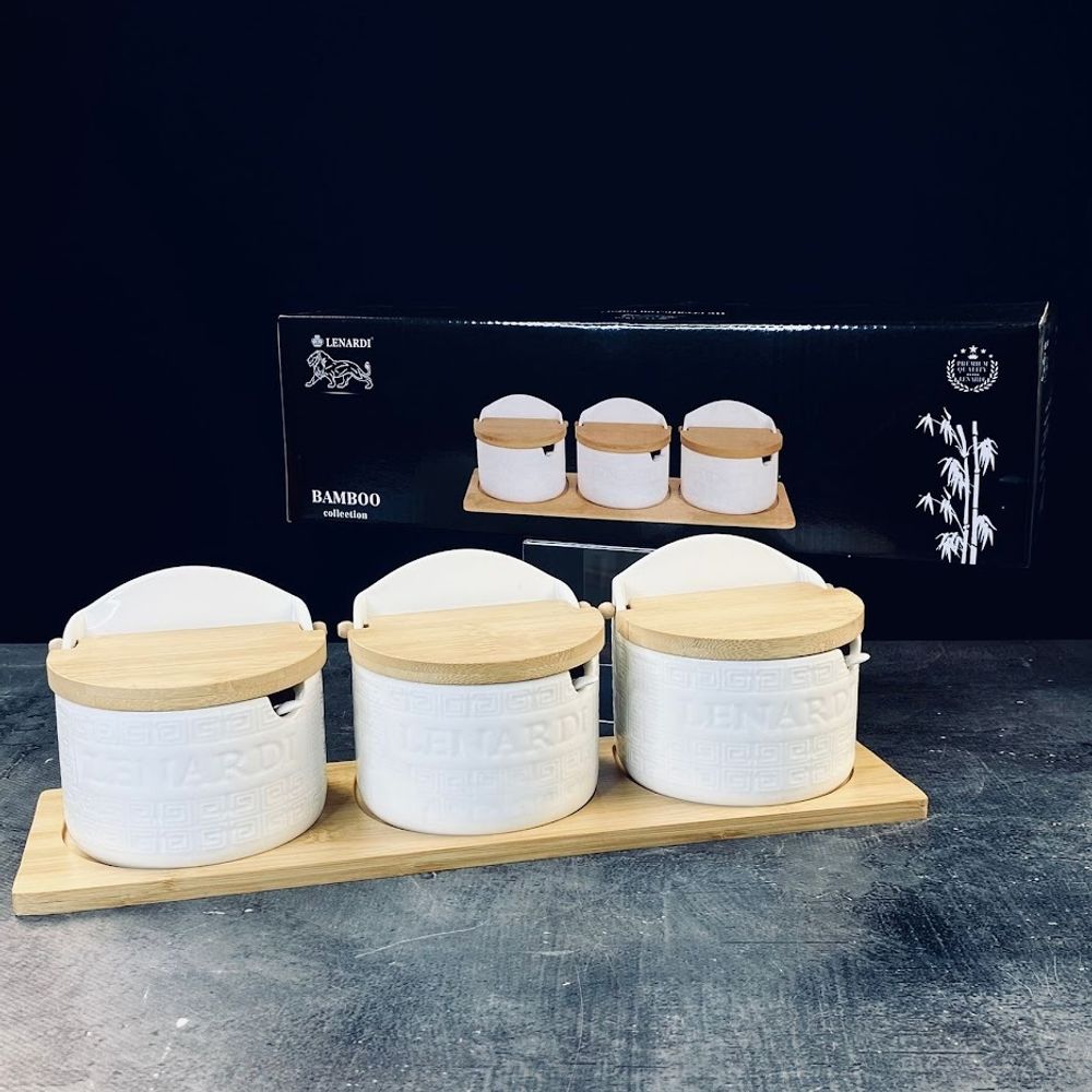 Lenardi 140-148 Набор из 3 банок 420 мл для специй с ложками на подставке BAMBOO в под.уп.(х8)Фарфор