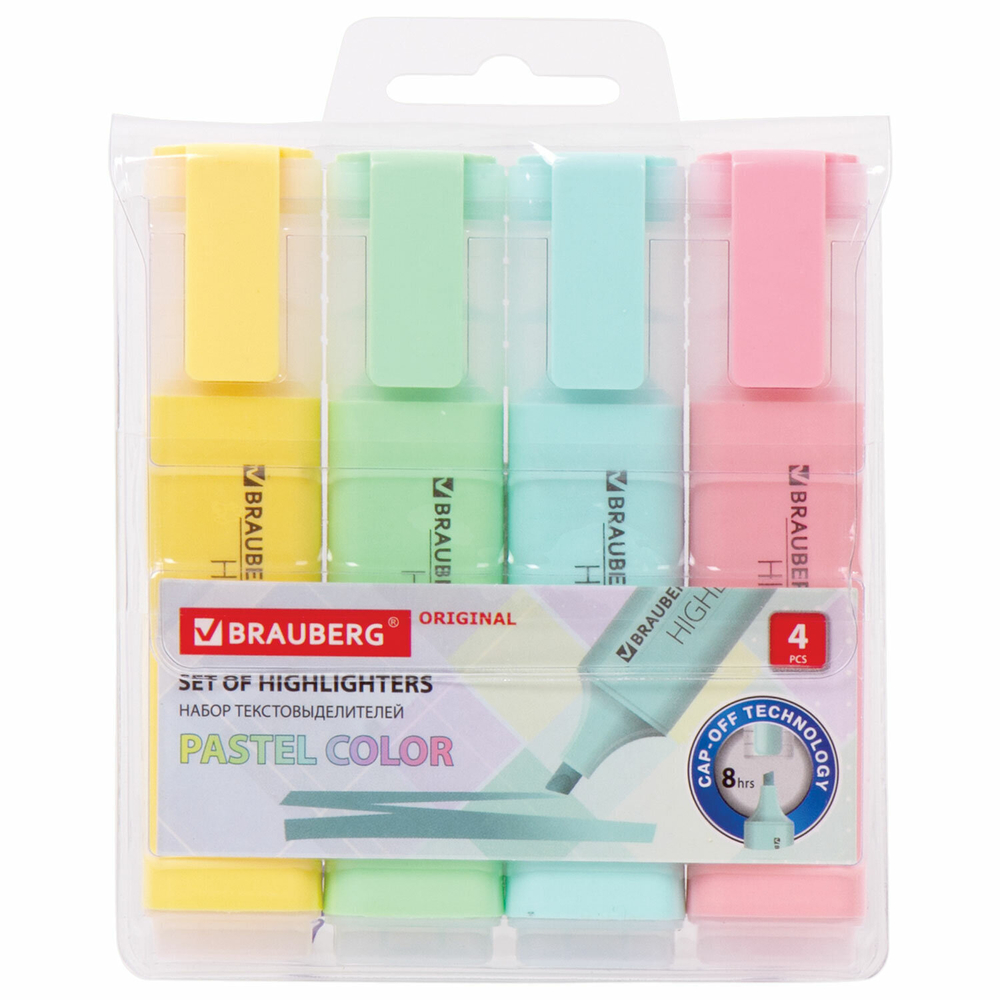 набор текстовыделителей 4 ЦВЕТА BRAUBERG "ORIGINAL PASTEL" линия письма 1-5 мм (4 штуки в упаковке)