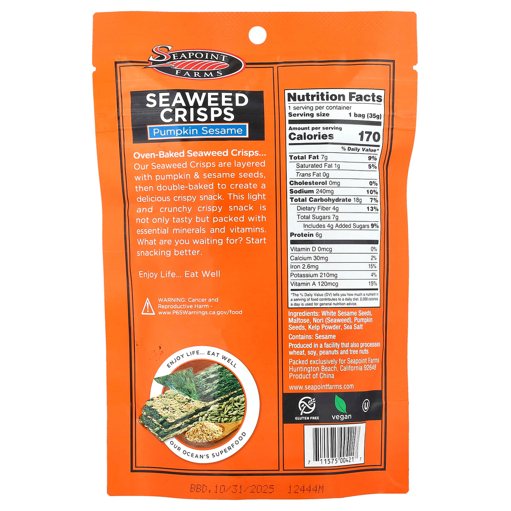 Seapoint Farms, хрустящие морские водоросли, с тыквой и кунжутом, 35 г (1,2 унции)
