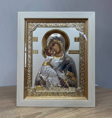 Владимирская БМ, икона прямоугольная в рамке под стеклом, белое дерево 232х280
