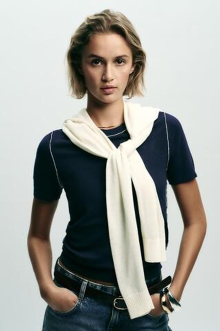 ZARA ТРИКОТАЖНЫЙ ТОП С КОРОТКИМИ РУКАВАМИ И ОТДЕЛКОЙ, МОРСКОЙ СИНИЙ