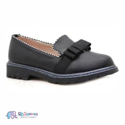 Школьные туфли (лоферы) М+Д черные с текстильным бантом