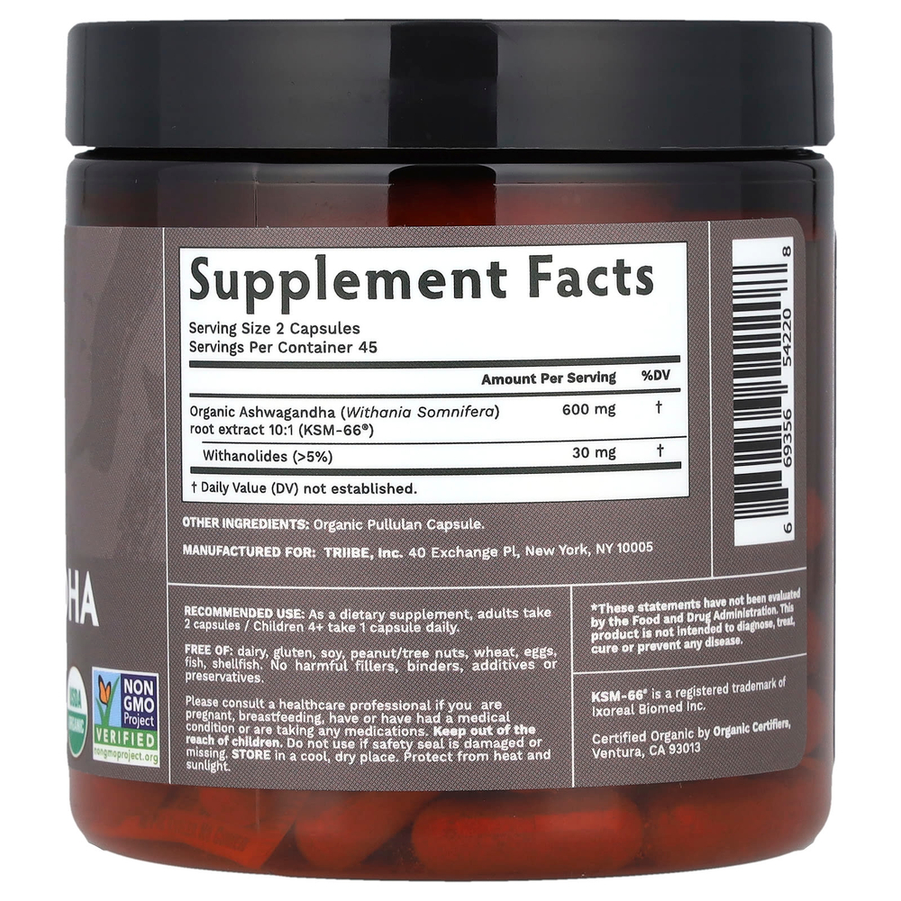 Tribe Organics, Ashwagandha KSM-66® для веганов, 90 капсул (300 мг на капсулу)