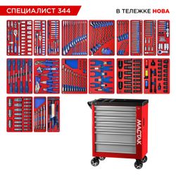 МАСТАК (50-07344R) Набор инструментов 344 предмета, "СПЕЦИАЛИСТ 344", в красной тележке