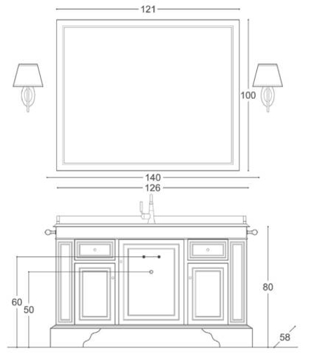 Комплект мебели Gaia 126*58*80 см Раковина (встраиваемая снизу), белая керамика + Столешница из мрамора 126*58*10 см Тумба (3 дверцы, 2 ящика), состаренное дерево белого цвета с декоративным рисунком ручной работы + Зеркало в раме 121*100 см, состаренное дерево белого цвета