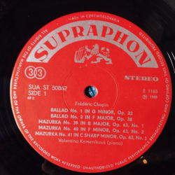 Винтажная виниловая пластинка LP Chopin Шопен, Valentina Kamenikova Валентина Каменикова, Ballades Nos. 1-4, Mazurkas Nos. 1-3 (Чехословакия 1972)