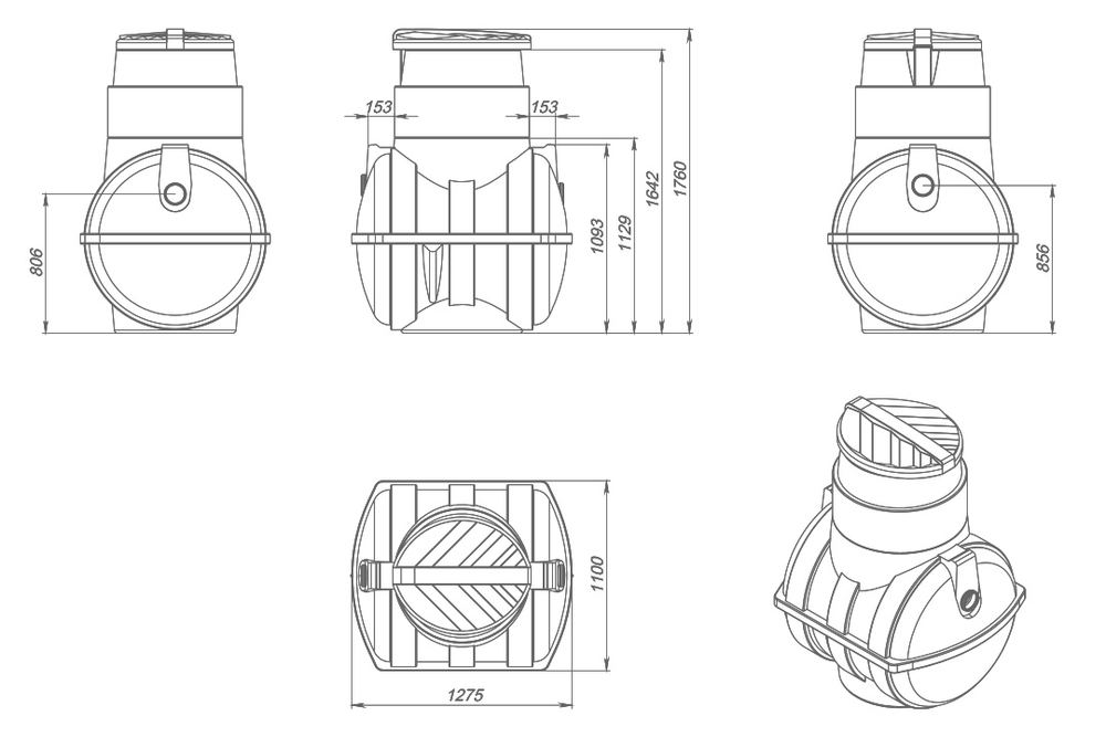 Септик отстойного типа ЭкоПром Rostok Мини 1000 л. горизонтальный / 300 л. в сутки / 1-3 чел. / самотечный сброс (128x110x176см;65кг;серый) - арт.555763