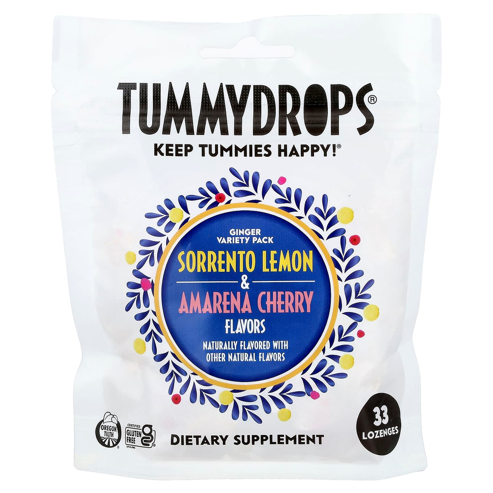 Tummydrops, ассорти с имбирем, лимон Сорренто и вишня Амарена, 33 пастилки