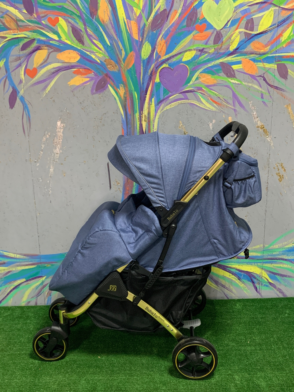 Коляска прогулочная Babalo 2022 Синий текстиль на золотой раме с сумкой
