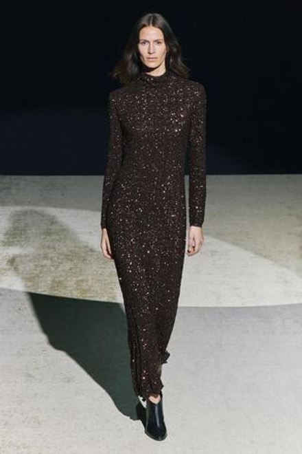 ZARA ДЛИННОЕ ПЛАТЬЕ С ПАЙЕТКАМИ — ZW COLLECTION, КОРИЧНЕВЫЙ