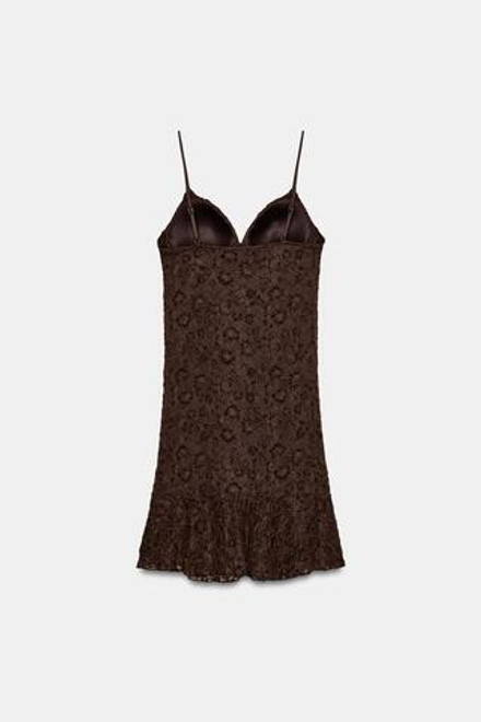 ZARA КОРОТКОЕ КРУЖЕВНОЕ ПЛАТЬЕ, ТЕМНО-КОРИЧНЕВЫЙ
