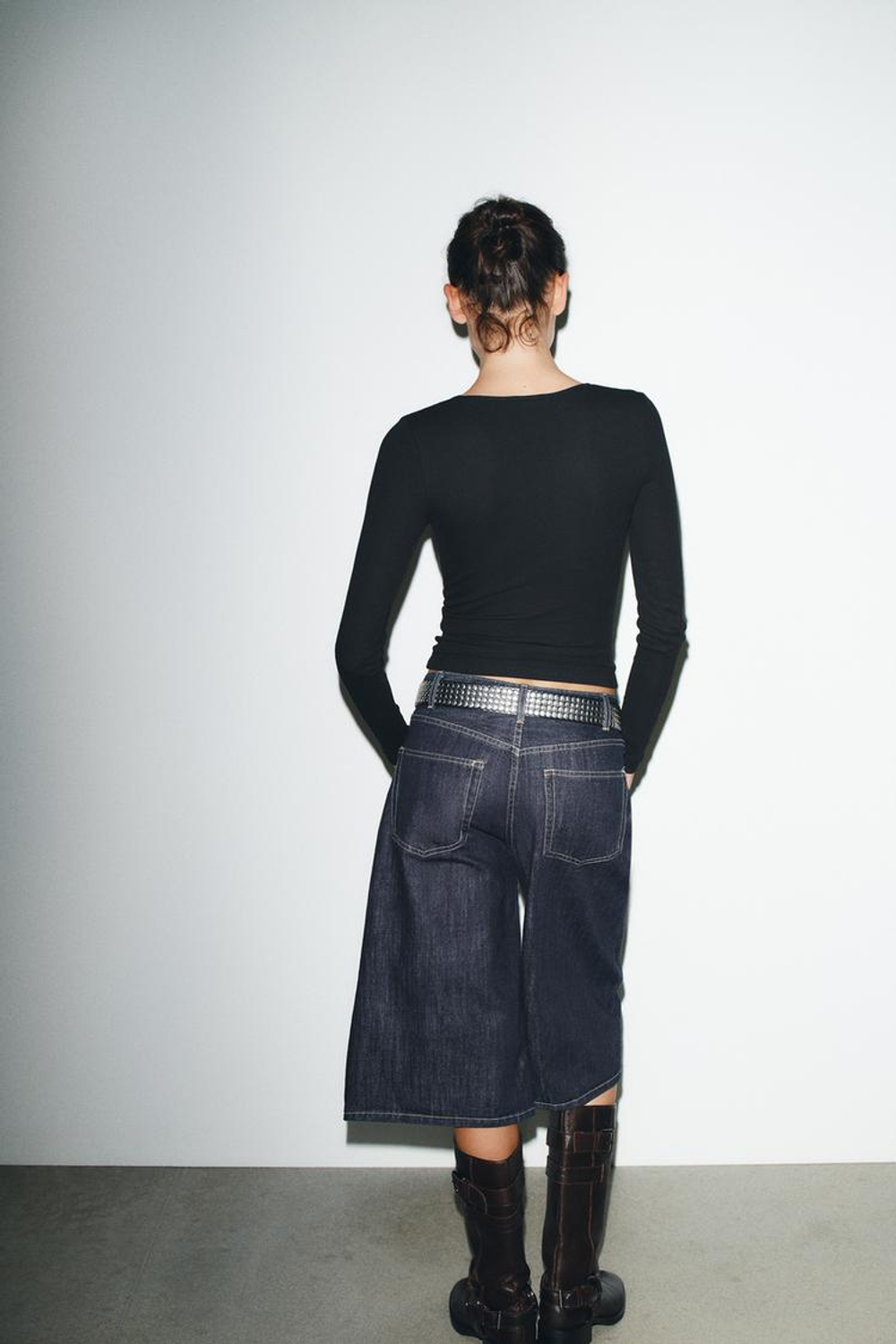 ZARA ТОП В РУБЧИК С ДЛИННЫМИ РУКАВАМИ, ЧЕРНЫЙ