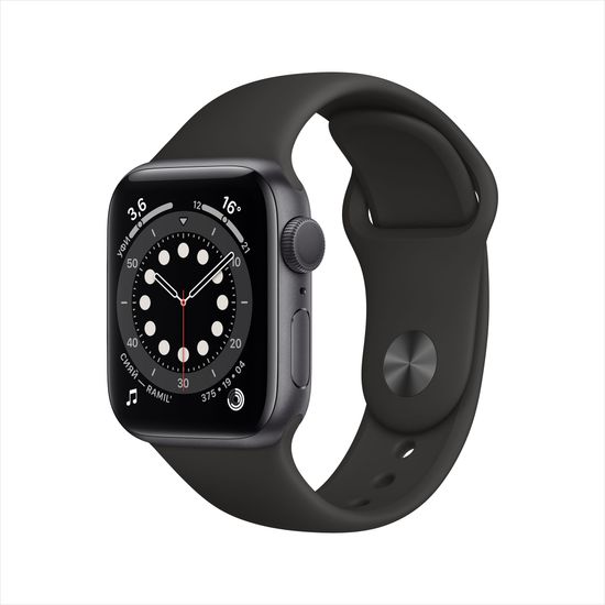 Apple Watch Series 6, 44 мм, корпус из алюминия цвета «серый космос», спортивный ремешок чёрного цвета